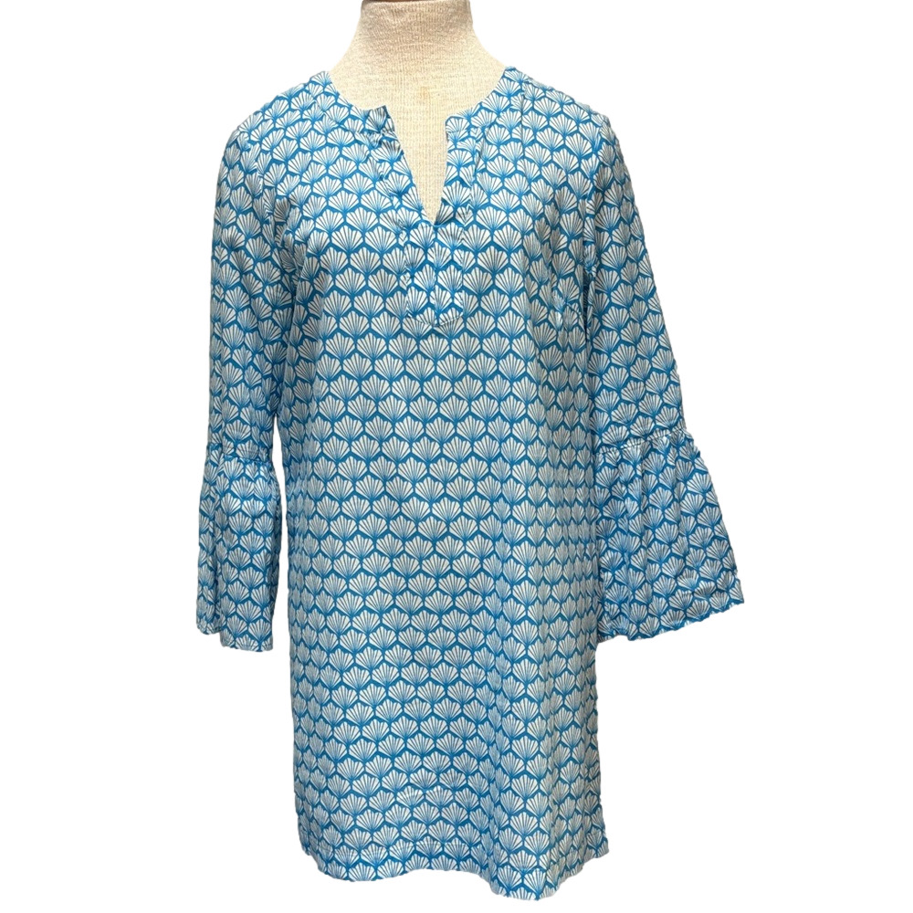 Boden sz 10 cotton blue and white seashell patterned bell sleeve cover up